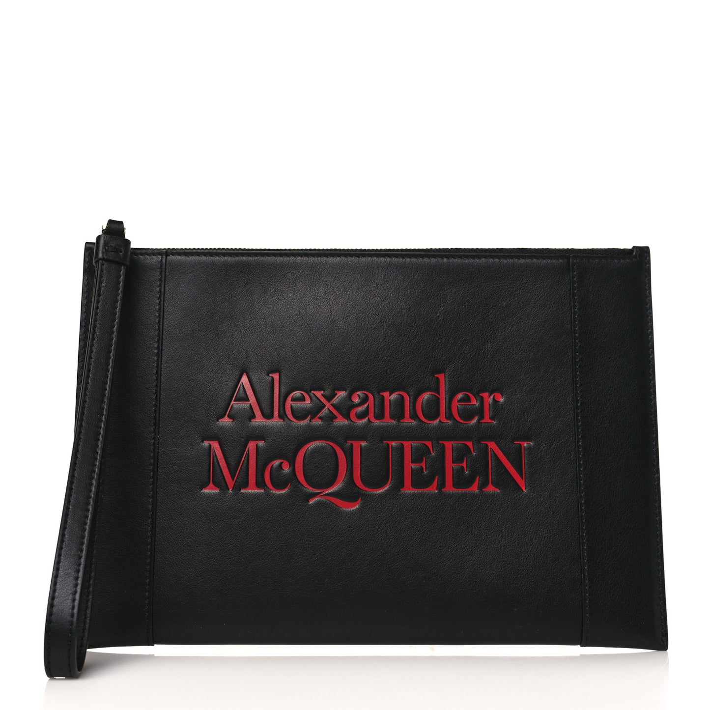 Calfskin Logo Zip Wristlet Pouch Black Red