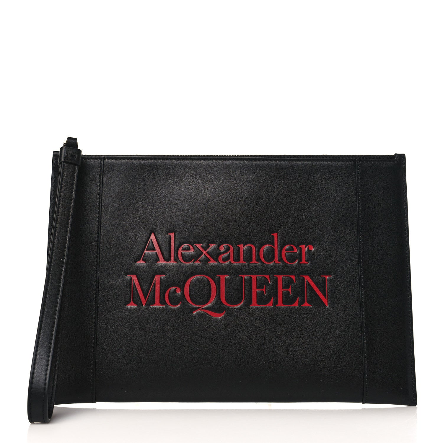 Alexander McQueen Calfskin Logo Zip Wristlet Pouch Black Red 1 of 6