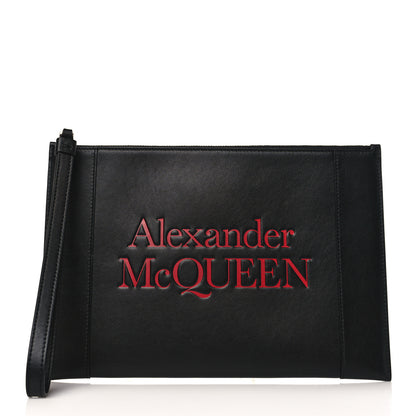 Alexander McQueen Calfskin Logo Zip Wristlet Pouch Black Red 1 of 6