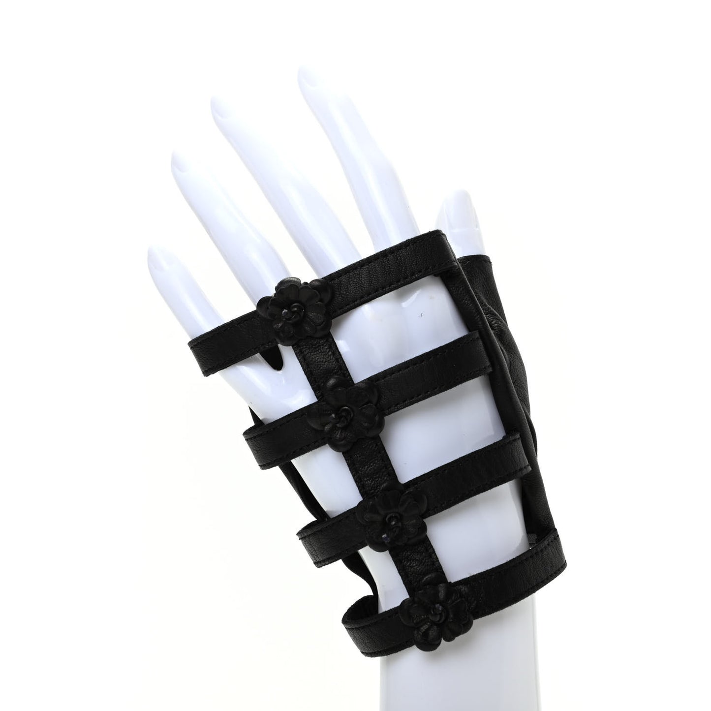 Lambskin Camellia Fingerless Gloves 7.5 Black