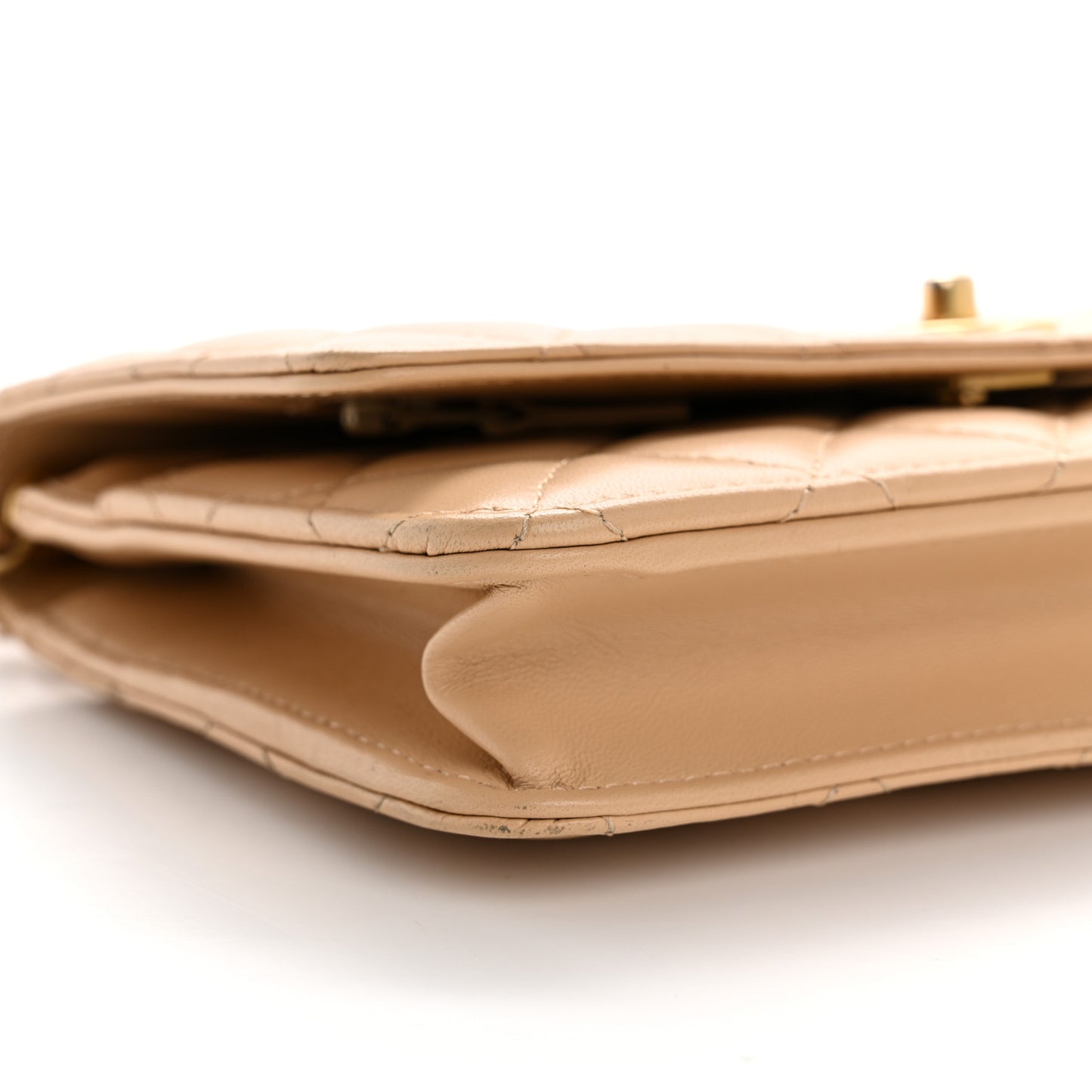 Lambskin Quilted CC Pearl Crush Wallet on Chain WOC Light Beige