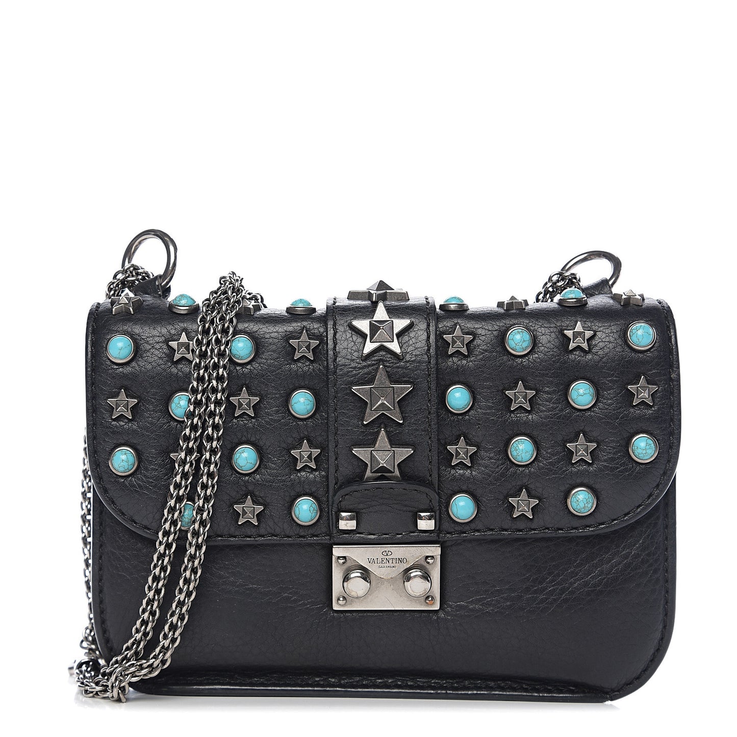 Pebbled Calfskin Star Studded Small Lock Flap Black