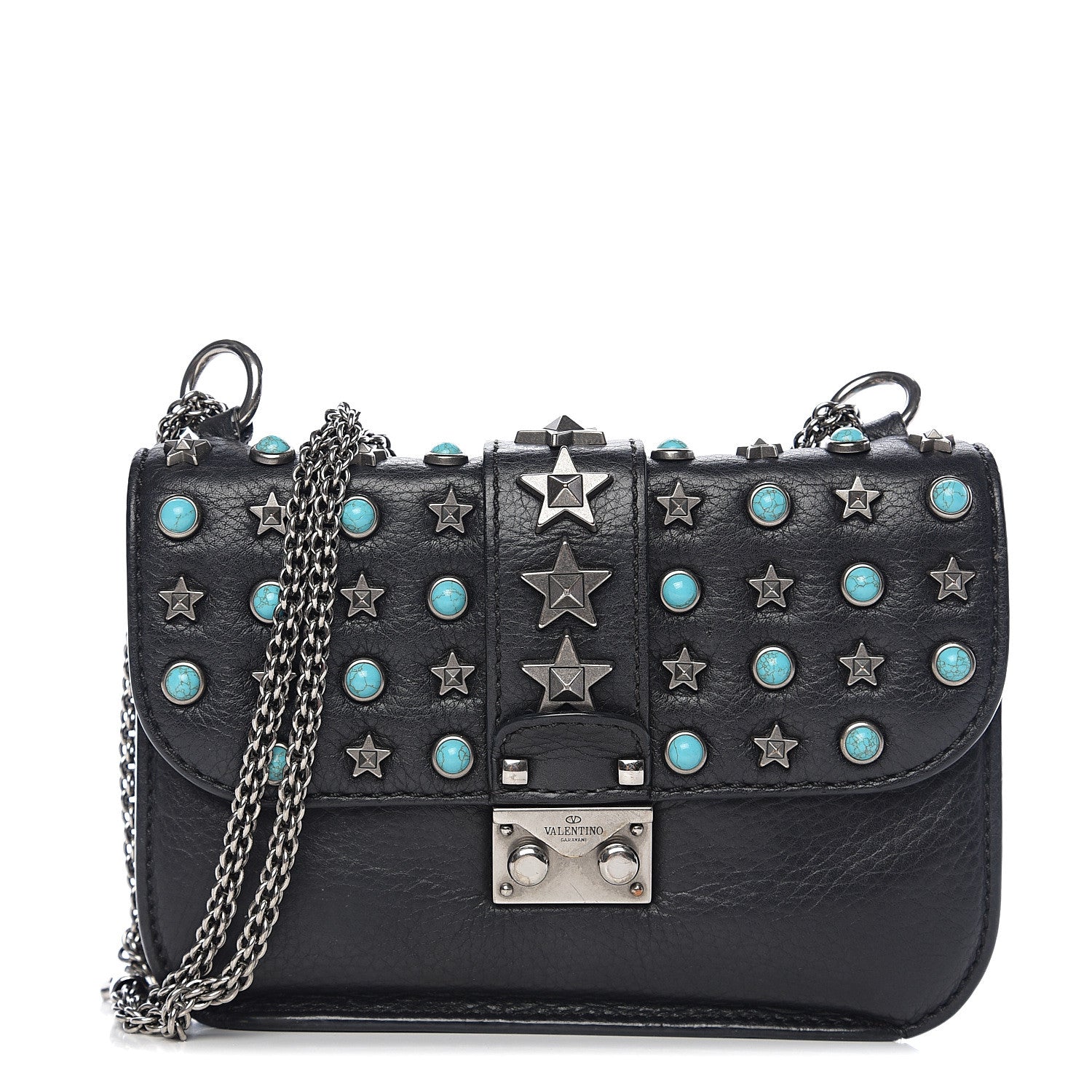 Valentino Garavani Pebbled Calfskin Star Studded Small Lock Flap Black 1 of 10