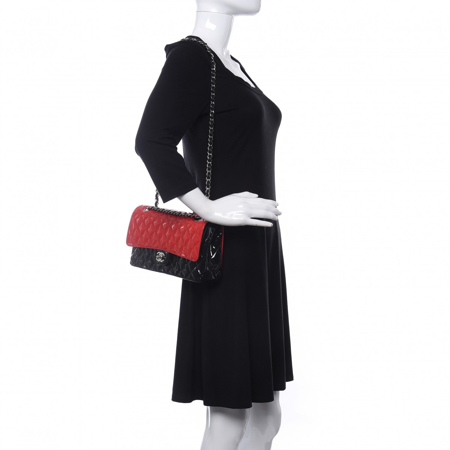 Chanel Patent Calfskin Quilted Bi-Color Medium Double Flap Red Black 2 of 12