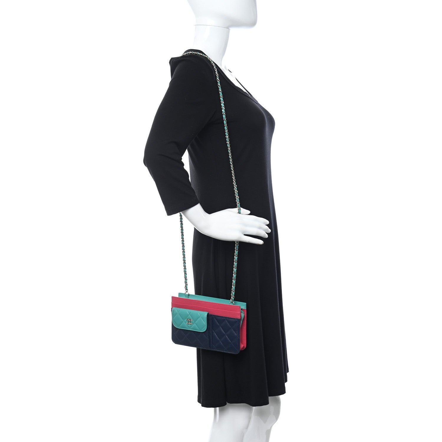 Chanel Goatskin Quilted Tri-Color In & Out Chain Wallet Navy Turquoise Pink 2 of 12
