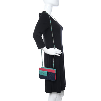 Chanel Goatskin Quilted Tri-Color In & Out Chain Wallet Navy Turquoise Pink 2 of 12