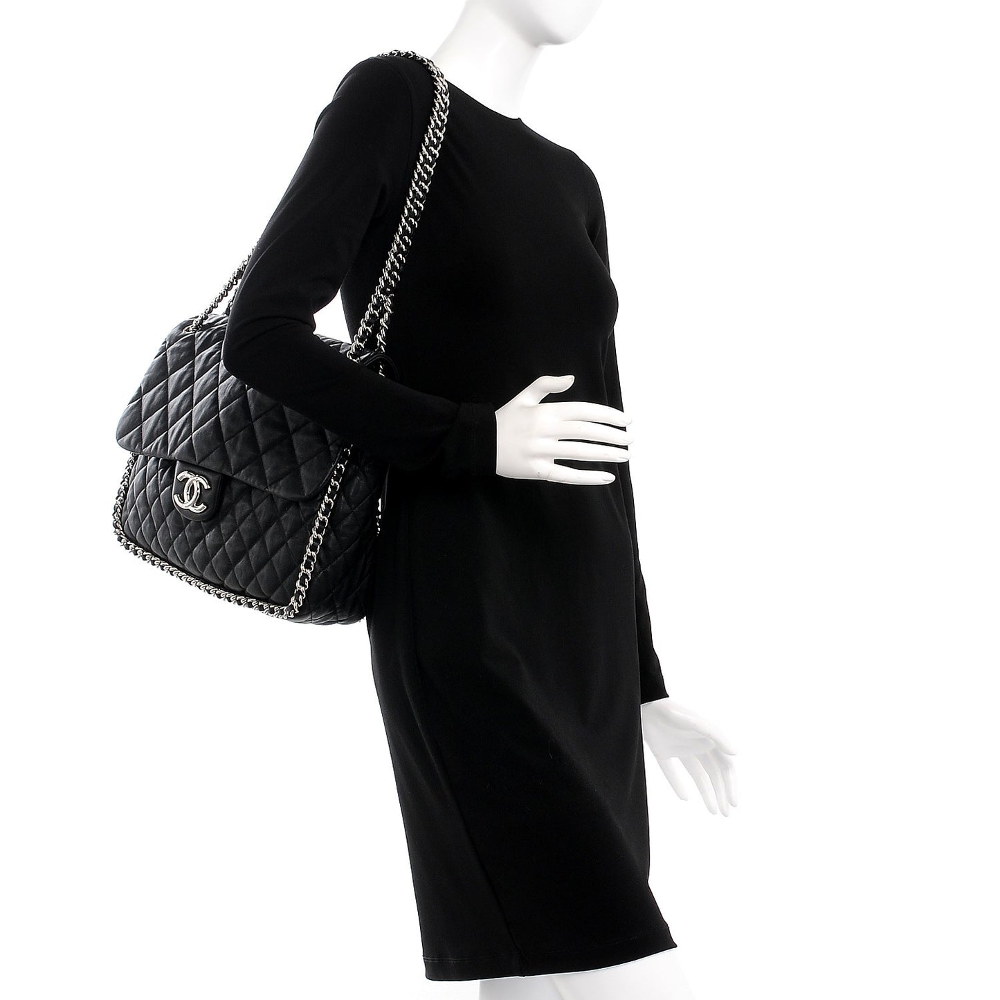 Washed Lambskin Quilted Maxi Chain Around Flap Black