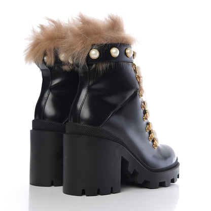 Gucci Magnum Calfskin Fur Pearl Lace Up Combat Ankle Boots 36 Black Naturale 4 of 6