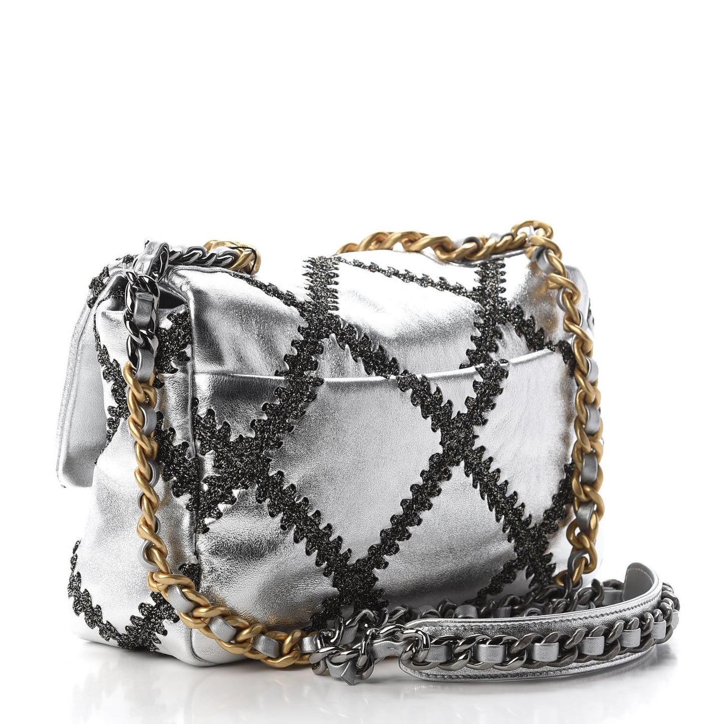 Metallic Calfskin Crochet Medium Chanel 19 Flap Silver