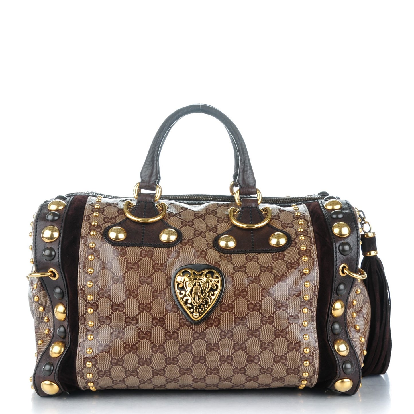 Crystal Monogram Studded Large Babouska Boston Dark Brown
