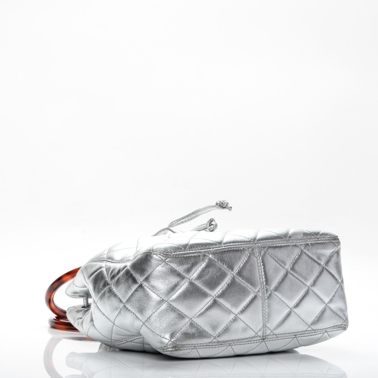 Metallic Lambskin Quilted Bekko Drawstring Tote Silver