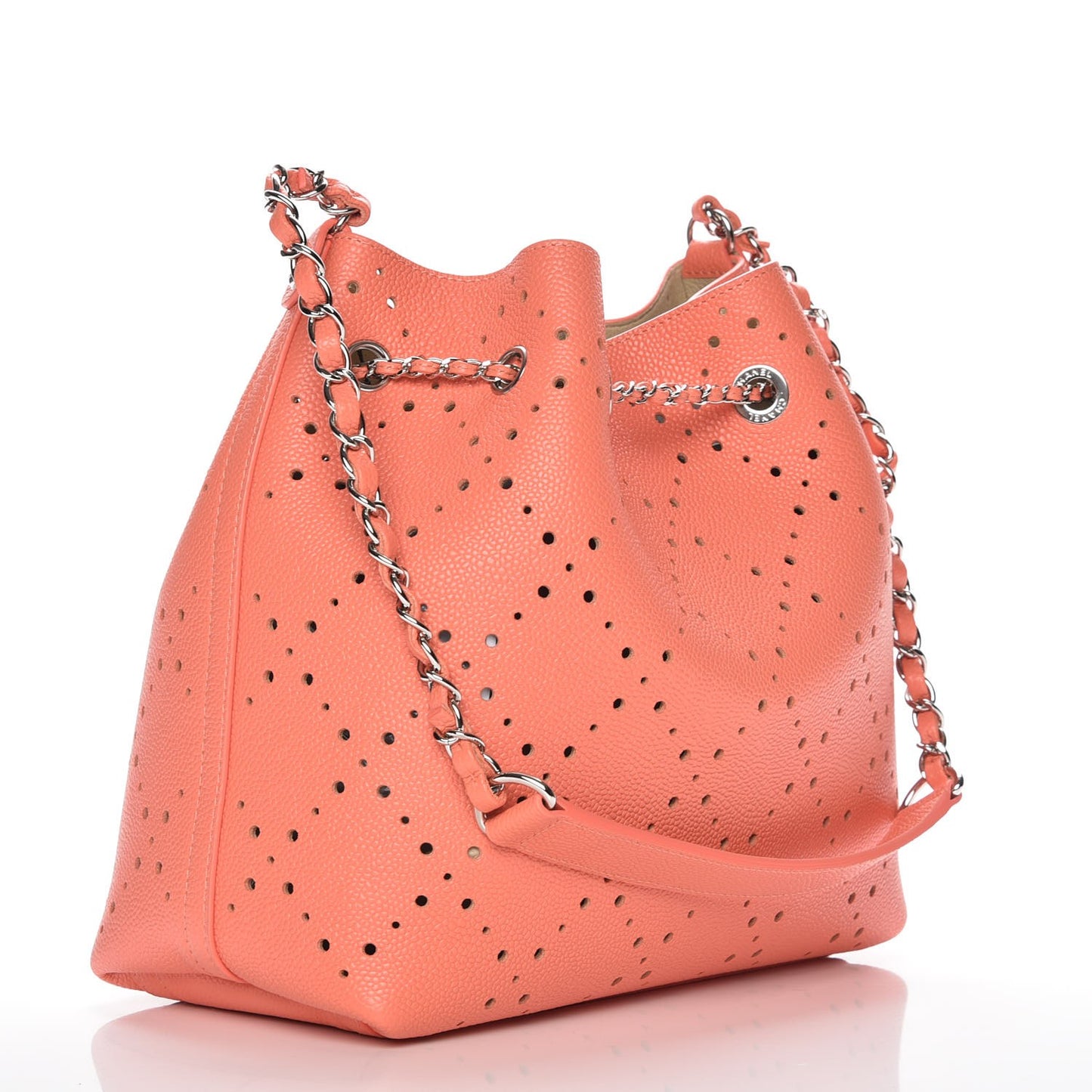 Caviar Perforated Drawstring CC Bag Coral Beige