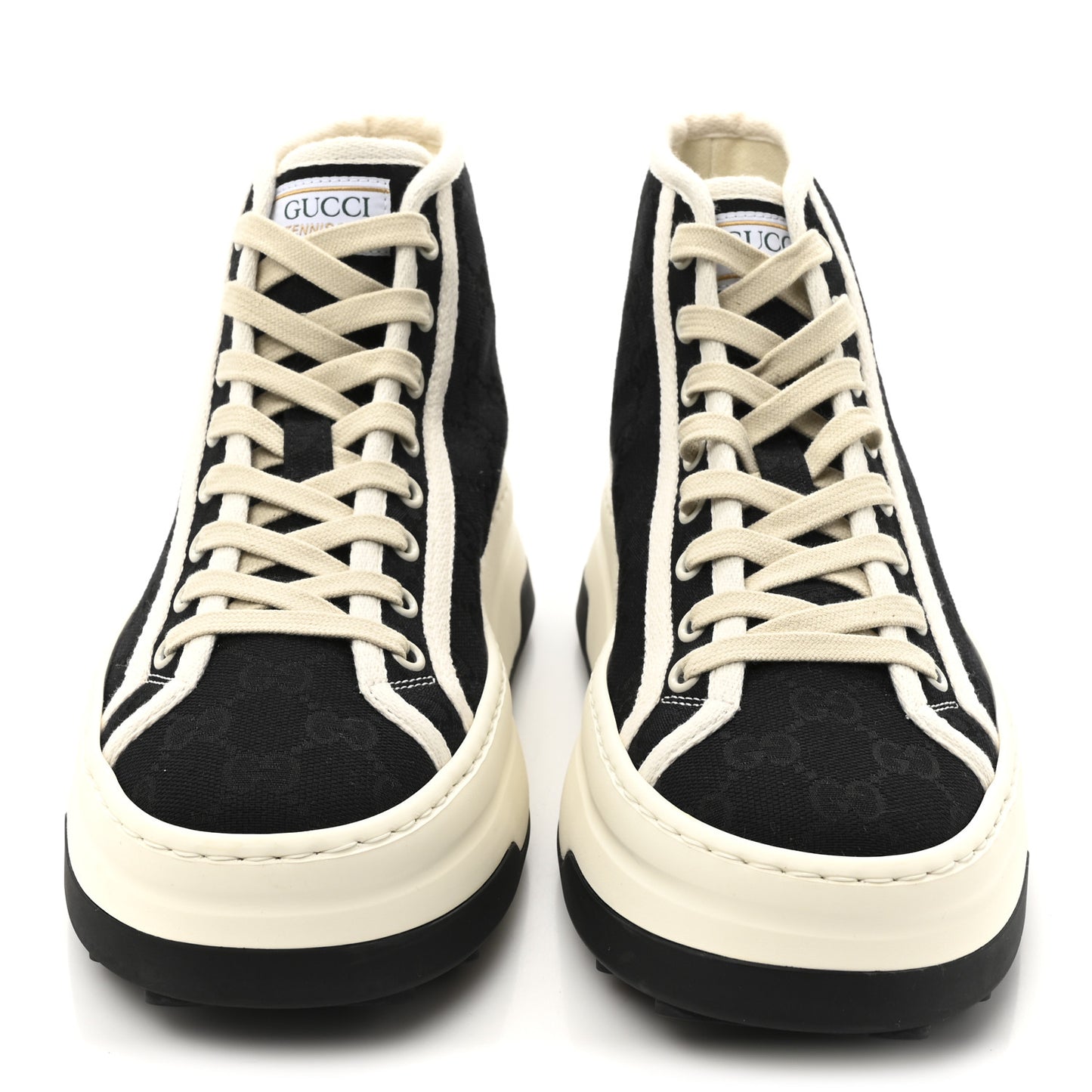 New Canvas GG Monogram Womens Tennis 1977 High Top 55mm Platform Sneakers 38 Black Mystic White