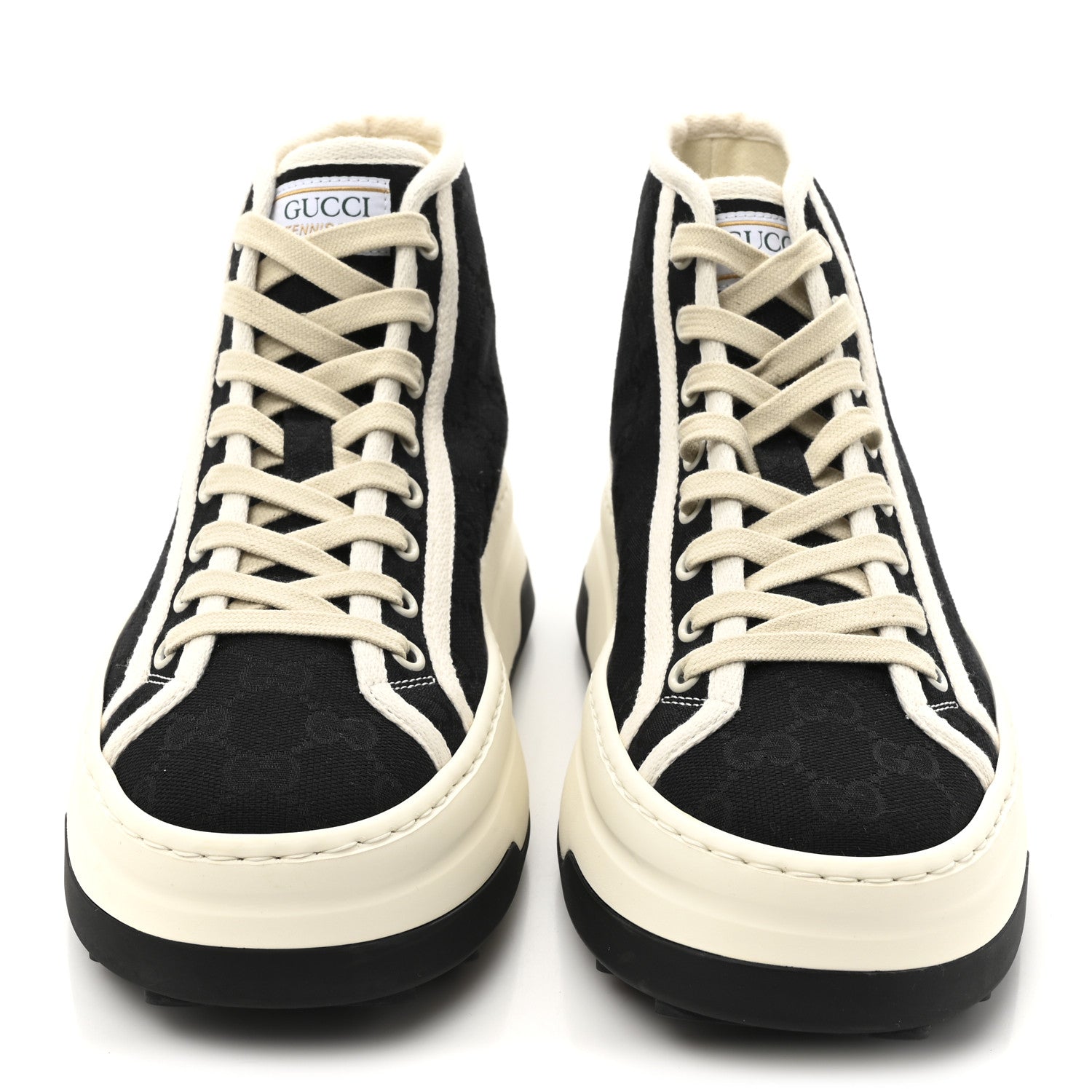 Gucci New Canvas GG Monogram Womens Tennis 1977 High Top 55mm Platform Sneakers 38 Black Mystic White 3 of 8