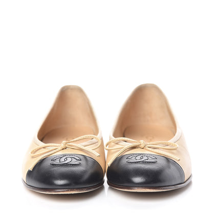 Chanel Lambskin Cap Toe CC Ballerina Flats 37 Beige Black 2 of 13