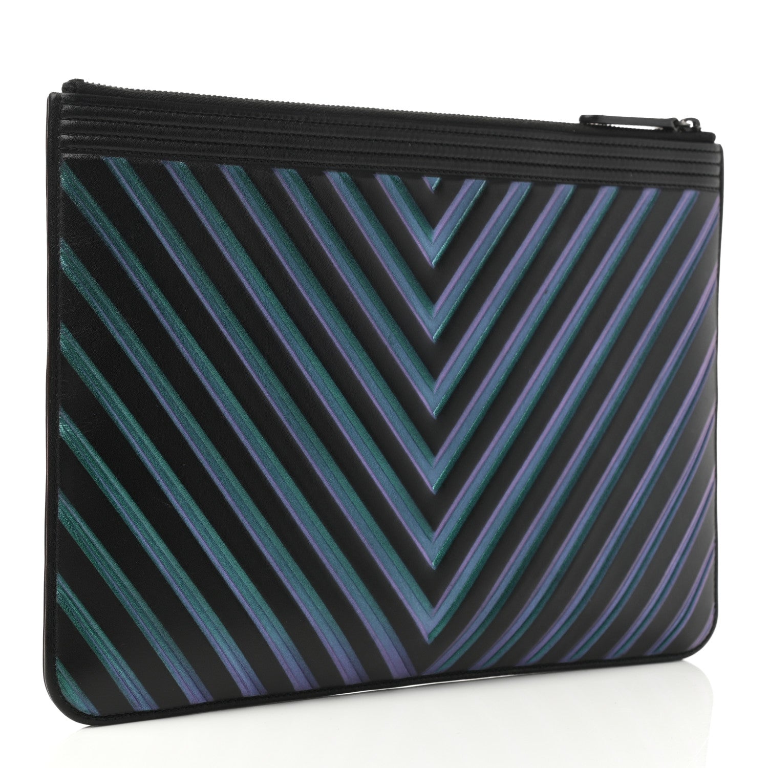 Chanel Calfskin Painted Chevron Embossed Large Boy Zip Pouch Black 3 of 9