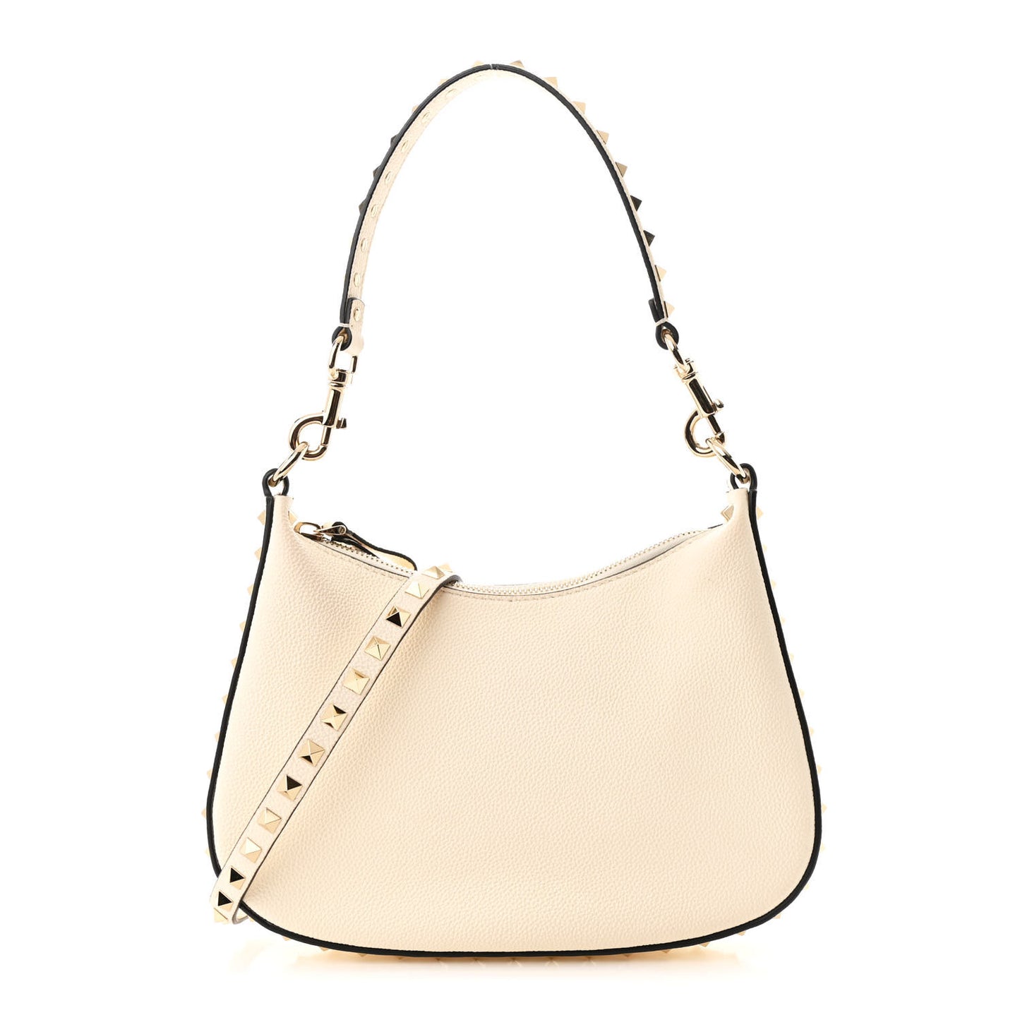 Grainy Calfskin Small Rockstud Hobo Ivory