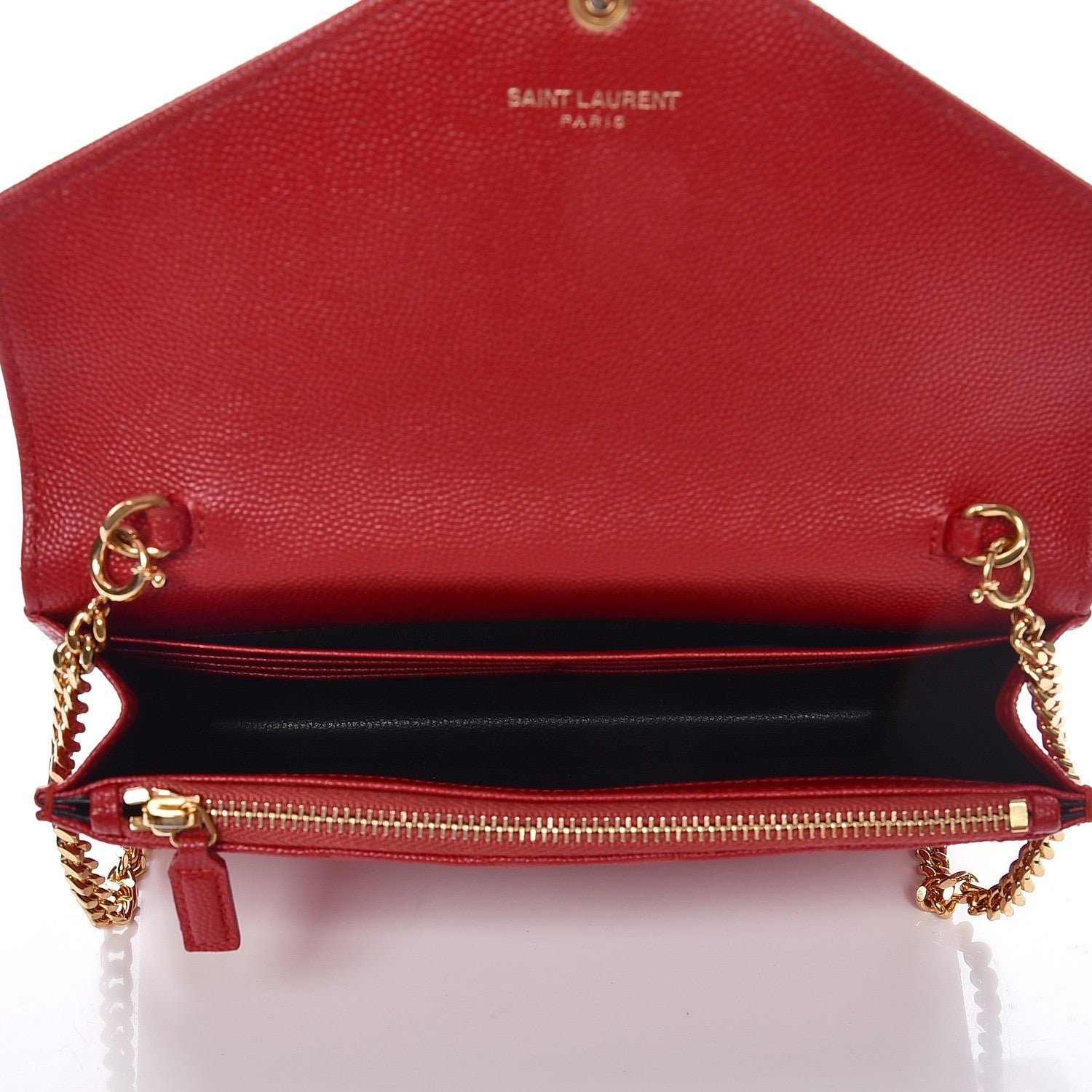 Saint Laurent Grain De Poudre Matelasse Chevron Monogram Envelope Chain Wallet New Red 5 of 13