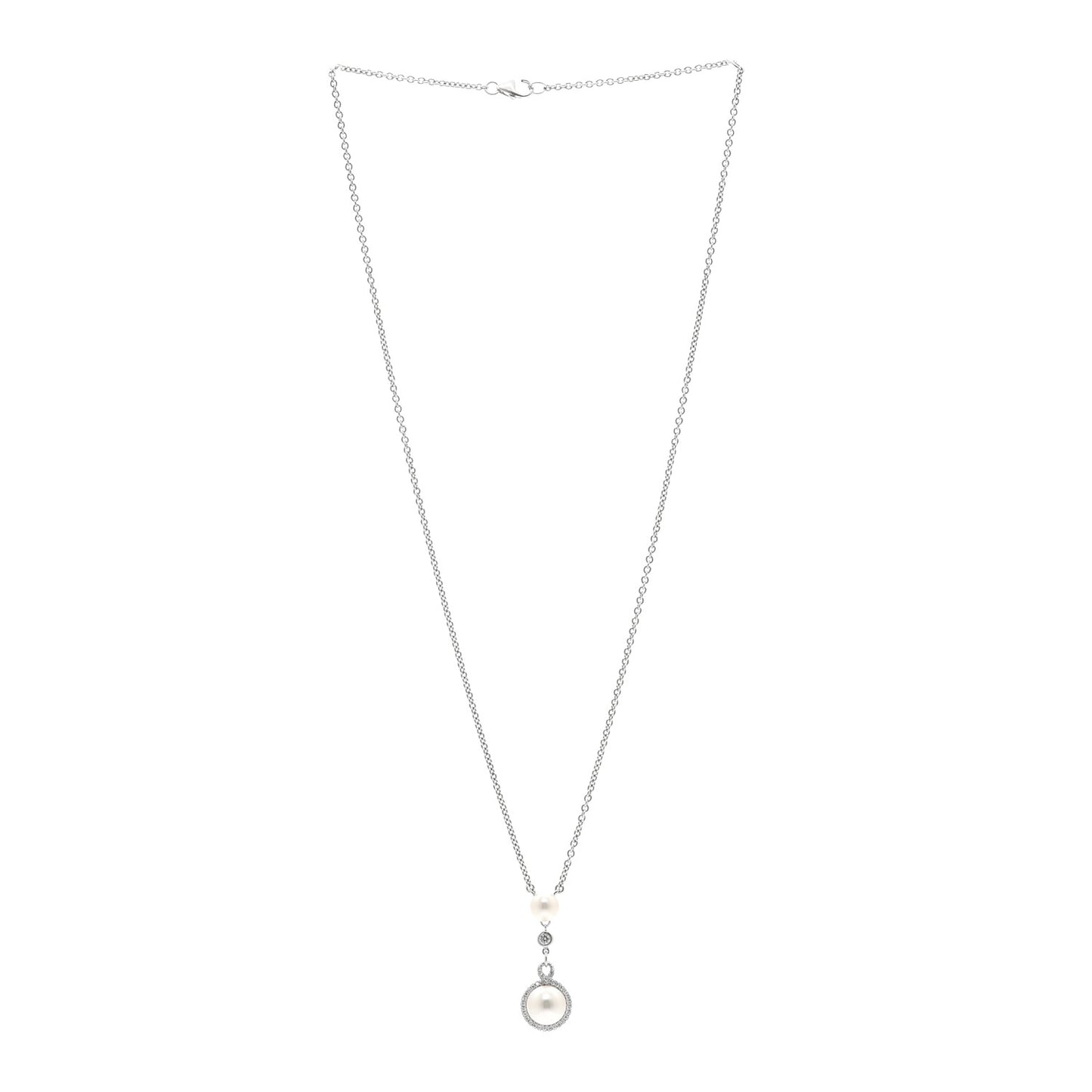 18K White Gold Diamond Akoya Cultured Pearl Petit Soleil Drop Pendant Necklace