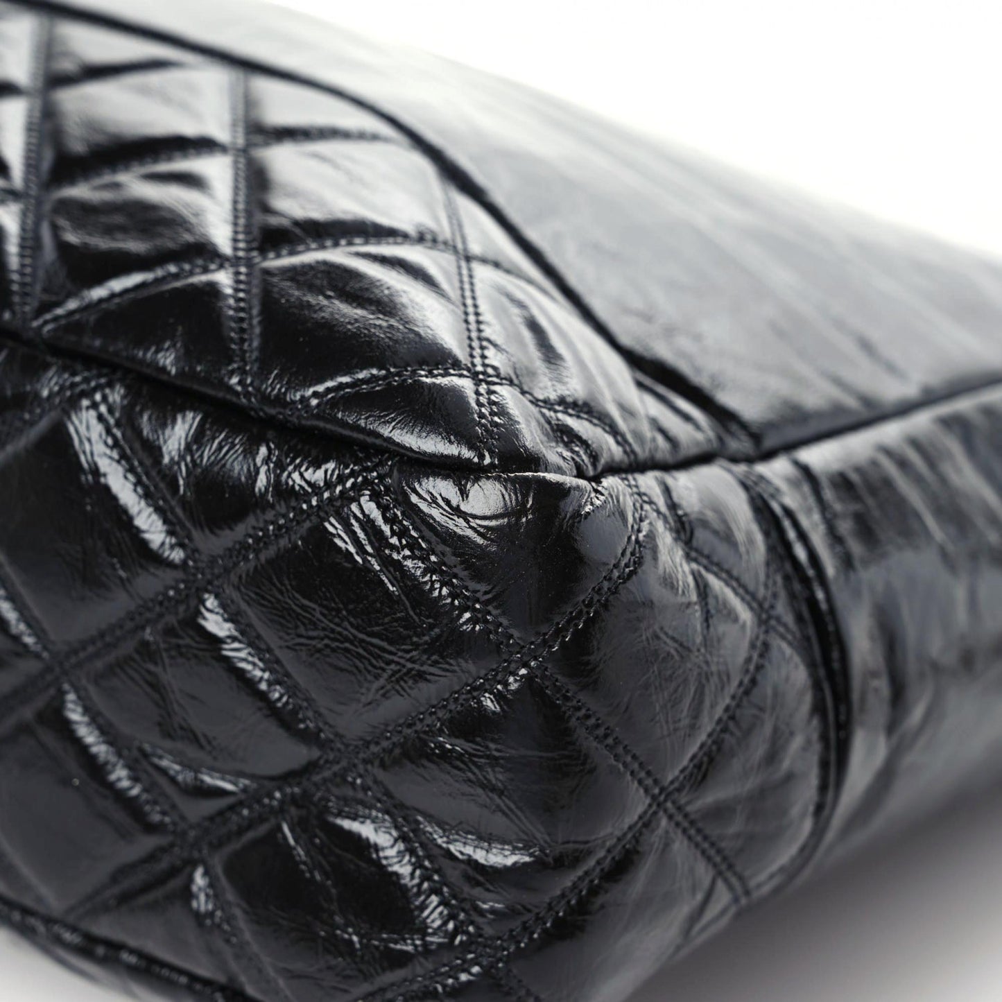 Shiny Aged Calfskin Quilted Large Shopping Bag Black