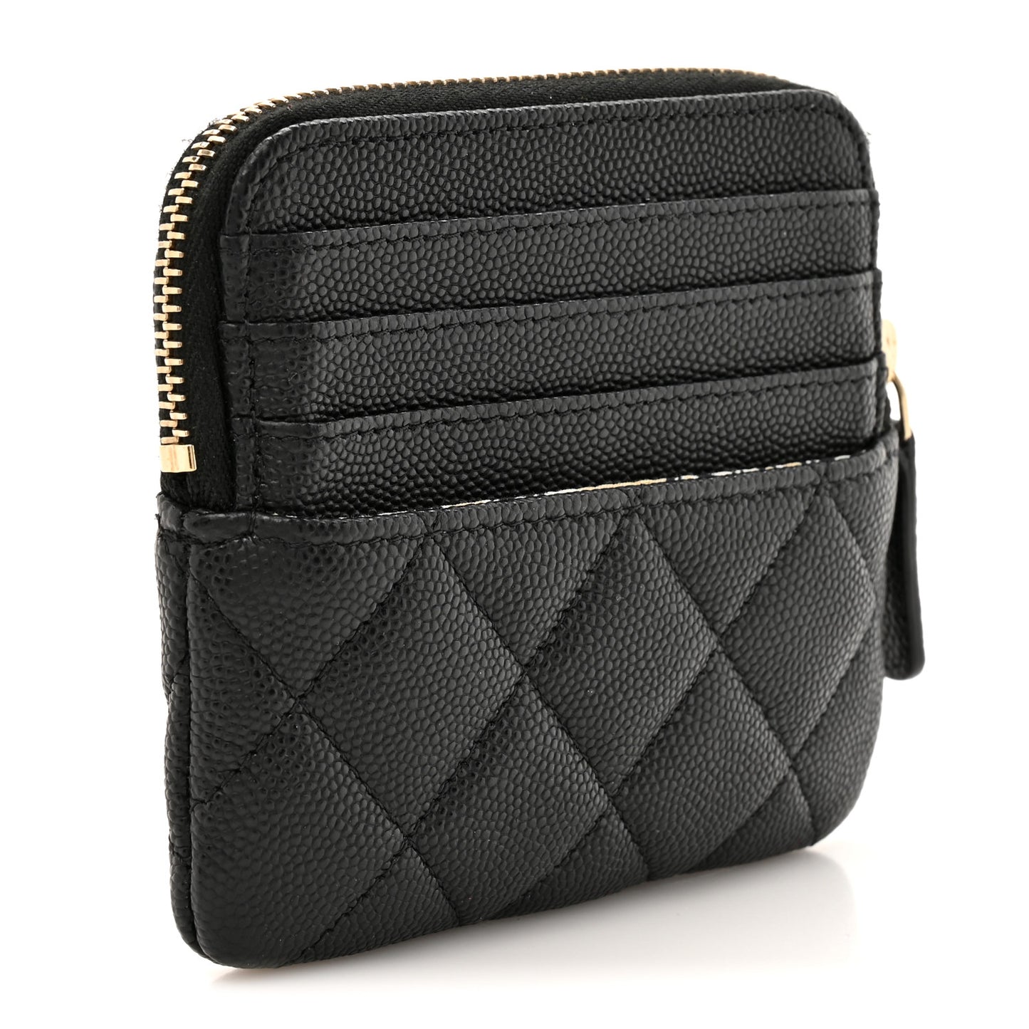 Caviar Quilted Striated Zip Card Holder Wallet Black