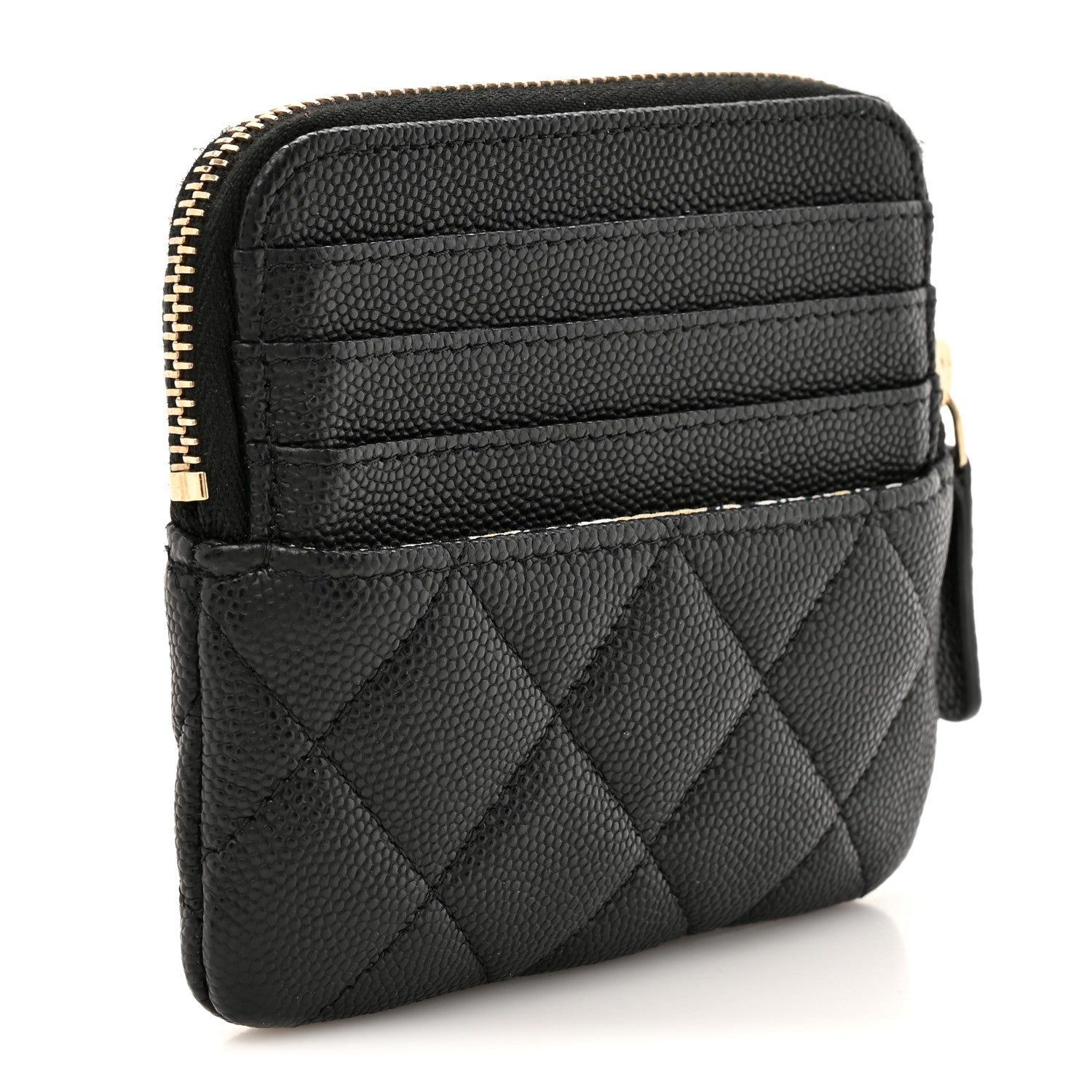 Chanel Caviar Quilted Striated Zip Card Holder Wallet Black 3 of 8