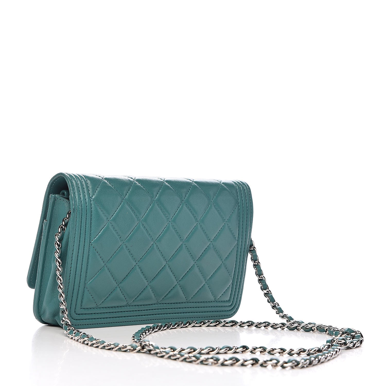 Chanel Lambskin Quilted Boy Wallet On Chain WOC Turquoise 3 of 13