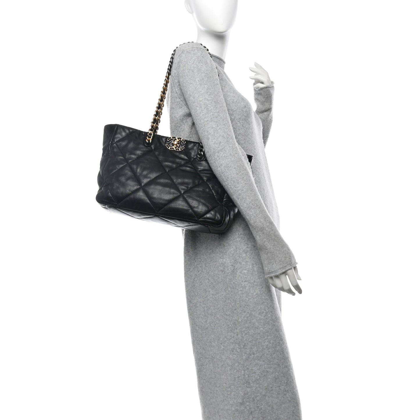 Lambskin Quilted Chanel 19 East West Shopping Bag Black