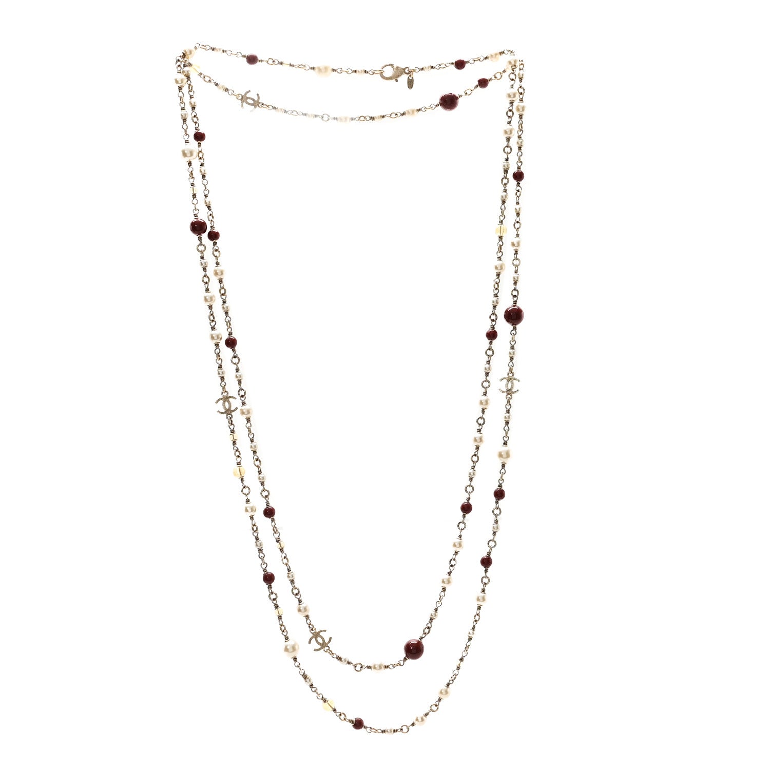 Chanel Pearl Bead Multi Strand CC Long Necklace Gold White Burgundy Yellow 3 of 5