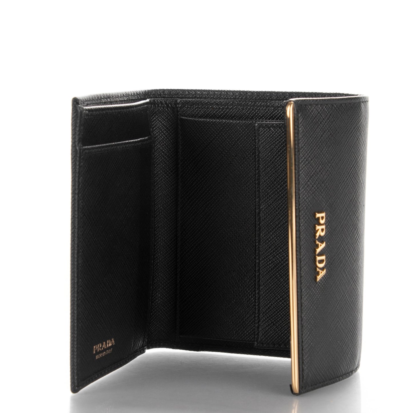 Saffiano Compact Metal Bar Flap Wallet Nero Black
