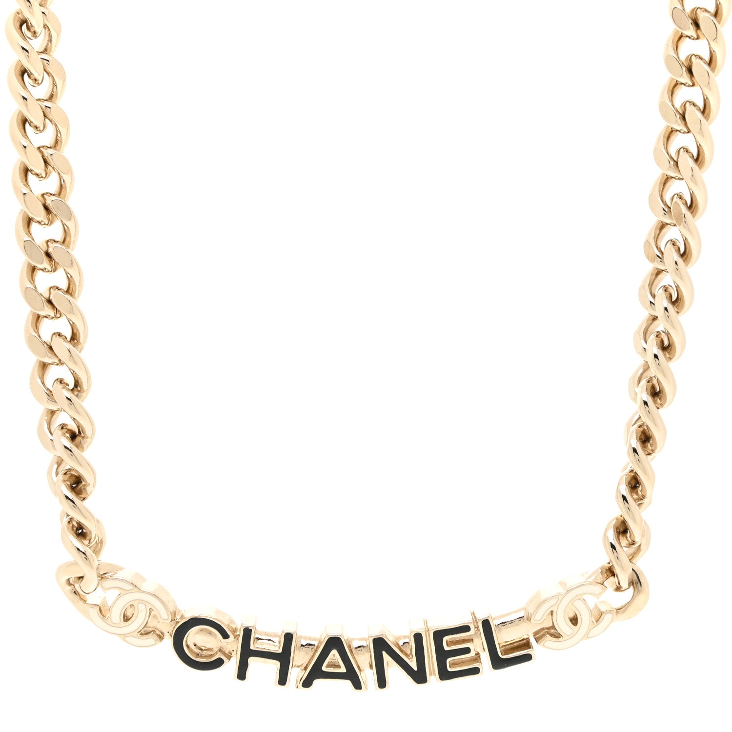 Chanel Enamel Metal Logo Choker Necklace Gold White Black 1 of 4