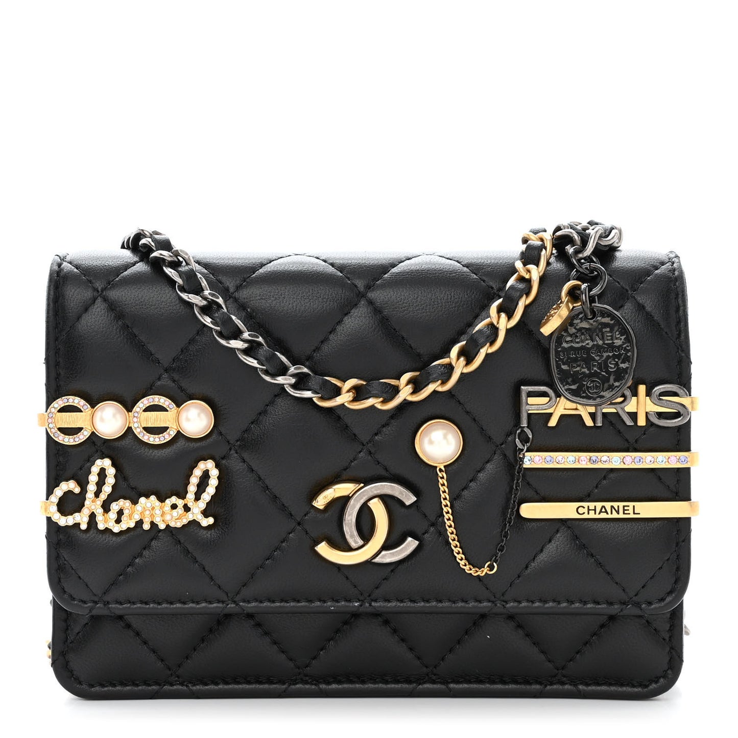 Lambskin Quilted Coco Clips Mini Wallet On Chain WOC Black