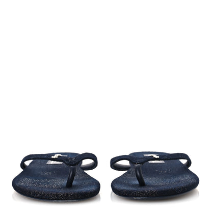 Chanel Cotton Silk Crystal CC Thong Sandals 40 Dark Blue Silver 3 of 10