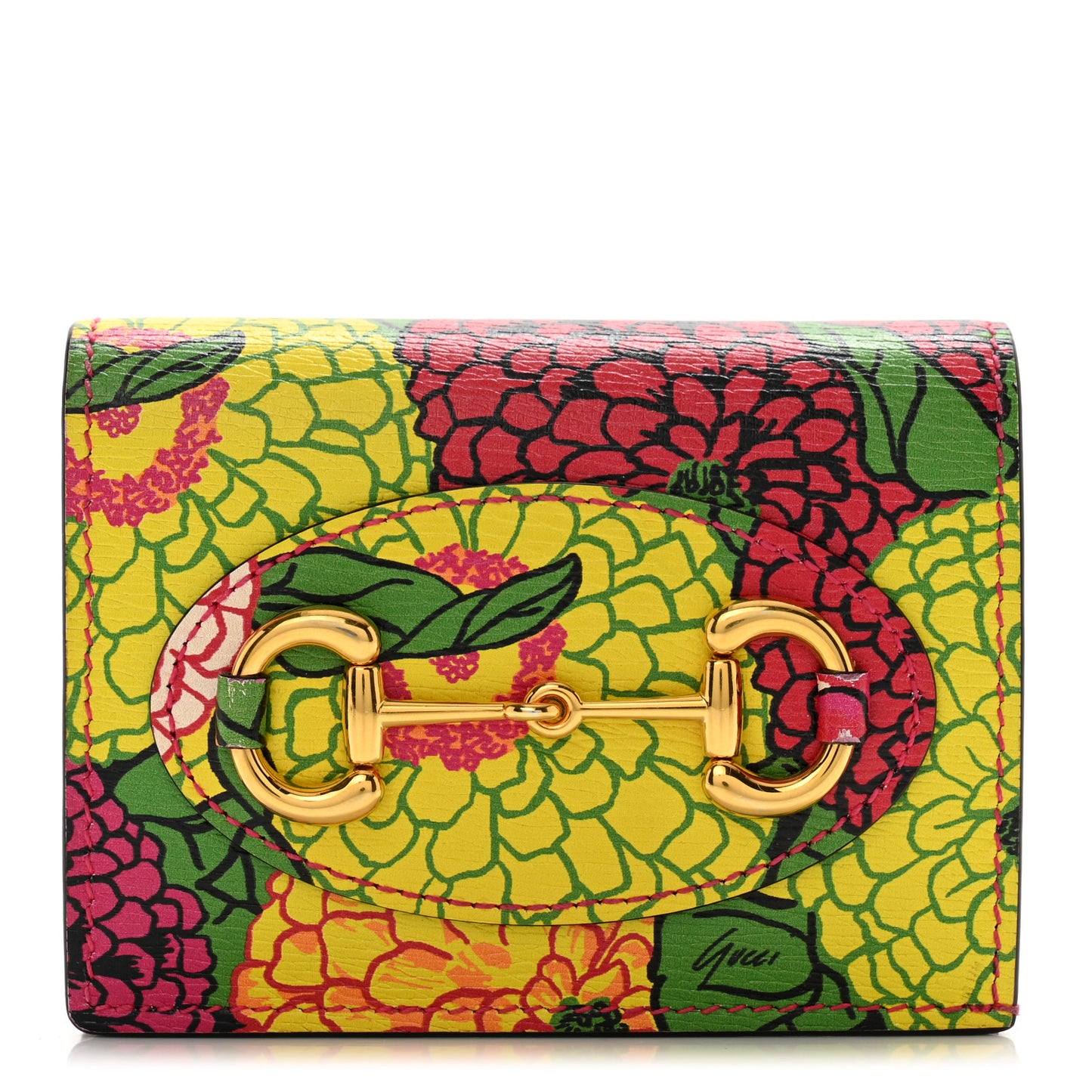 X KEN SCOTT Textured Calfskin Pomponica Print Horsebit 1955 Card Case Wallet Multicolor Fuxia Pompom