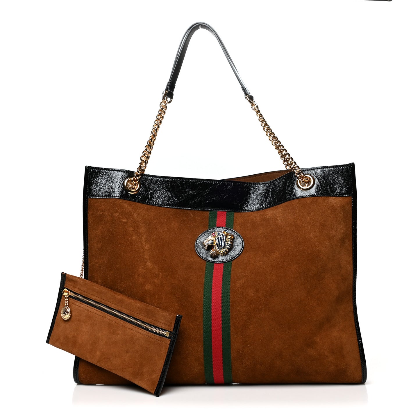 Suede Patent Large Rajah Chain Tote Nocciola Black