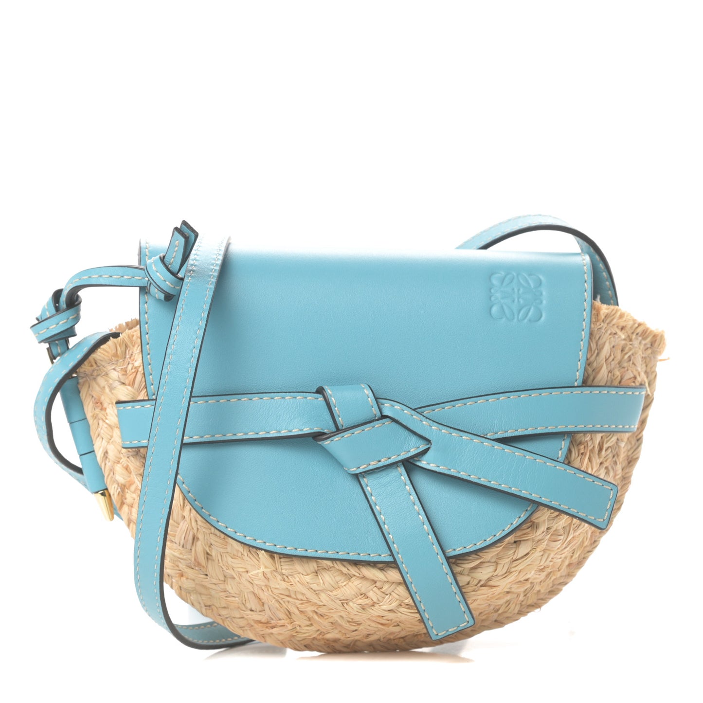 Calfskin Raffia Mini Gate Crossbody Bag Light Blue Natural