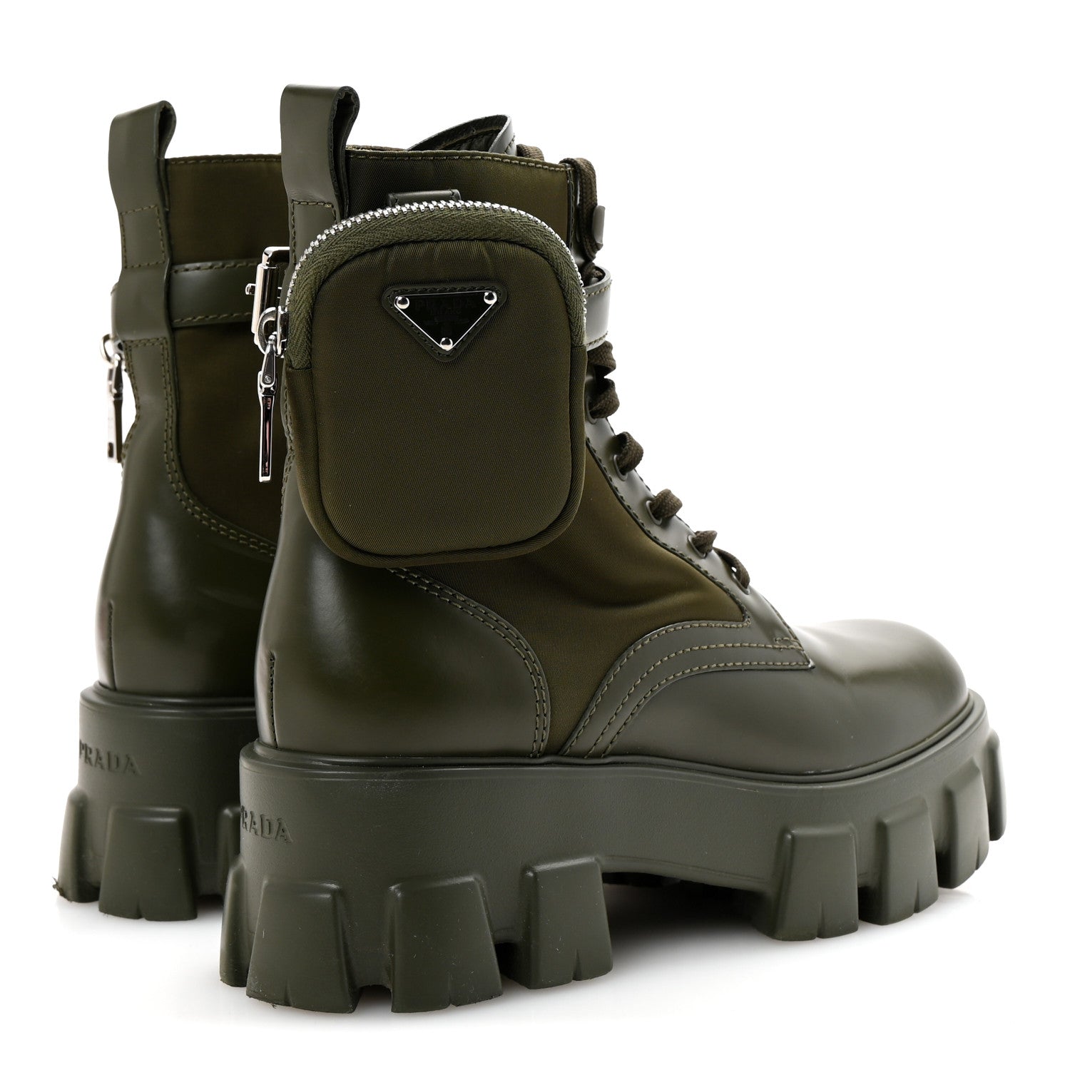 Prada Spazzolato Rois Re-Nylon Metal Triangle Logo Monolith Pouch Pocket 55mm Boots 37.5 Militare 5 of 9
