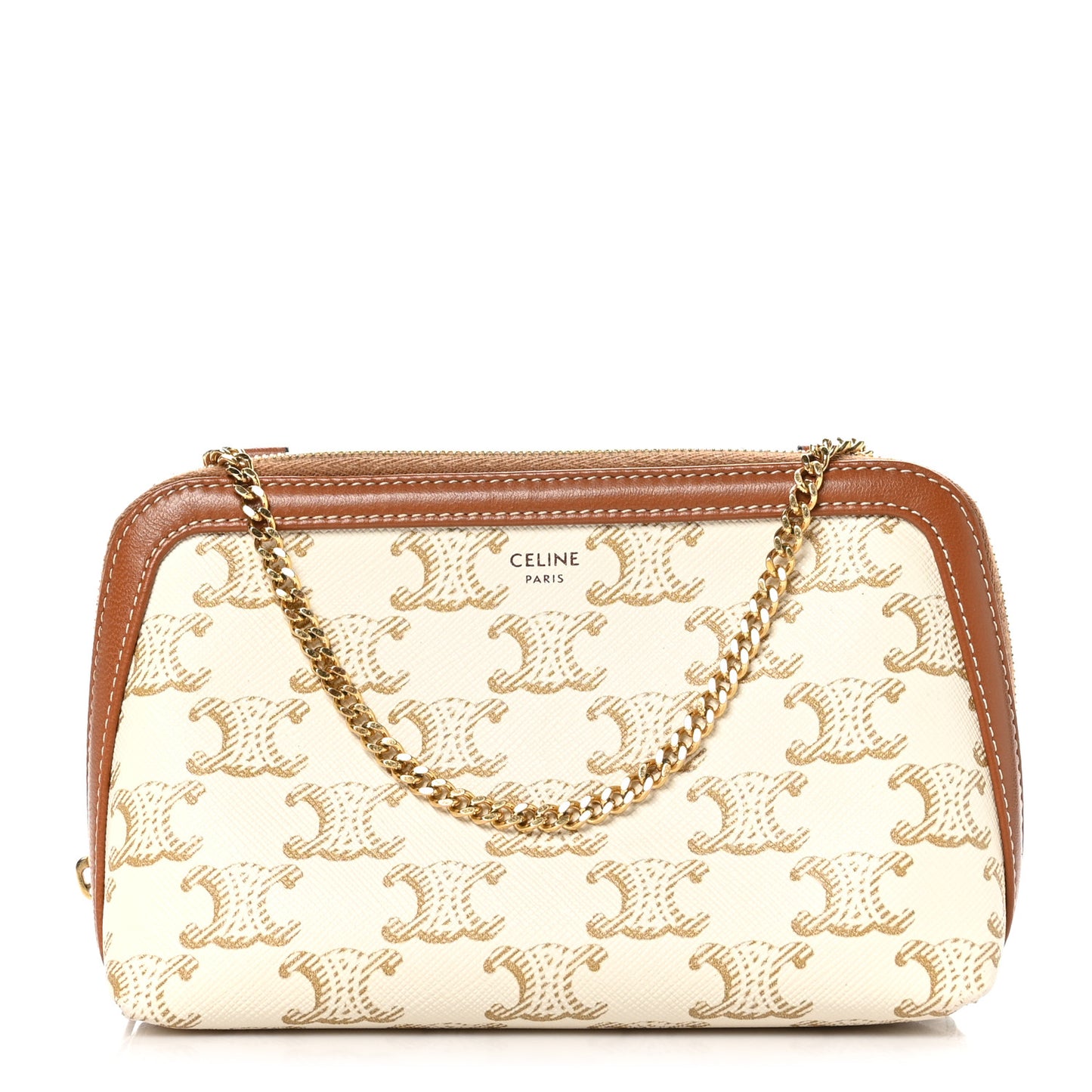 Lambskin Triomphe Canvas Clutch With Chain White Tan