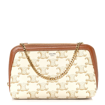 Celine Lambskin Triomphe Canvas Clutch With Chain White Tan 1 of 10