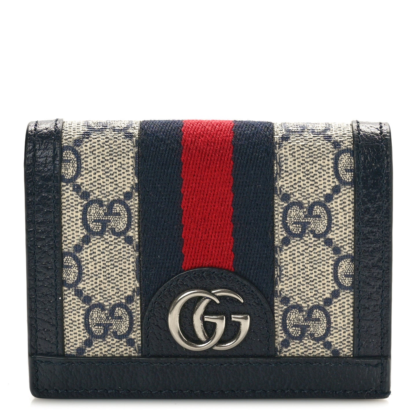 GG Supreme Monogram Textured Dollar Calfskin Web Ophidia Card Case Beige Blue