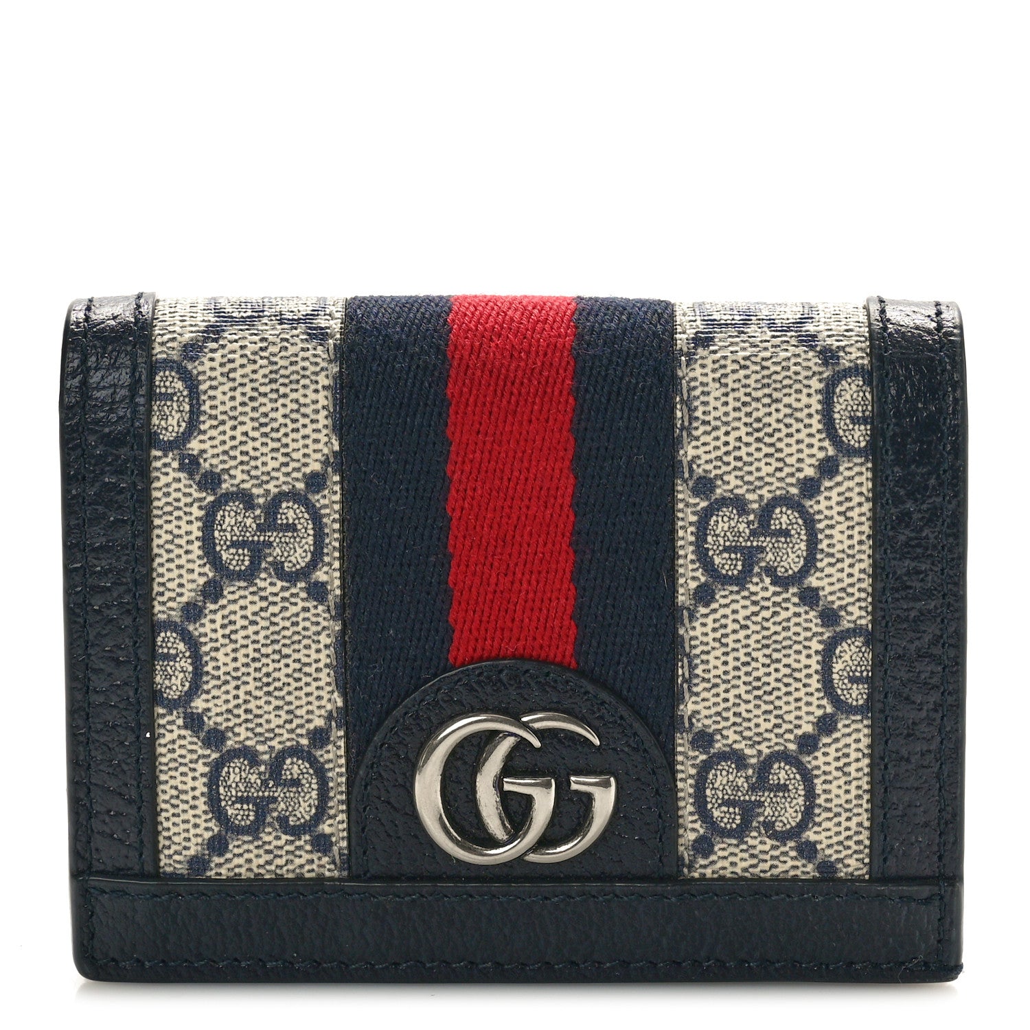 Gucci GG Supreme Monogram Textured Dollar Calfskin Web Ophidia Card Case Beige Blue 1 of 8