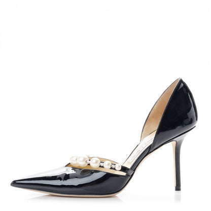 Jimmy Choo Patent Pearl Embellished Aurelie 85 Pumps 38 Black 1 of 7