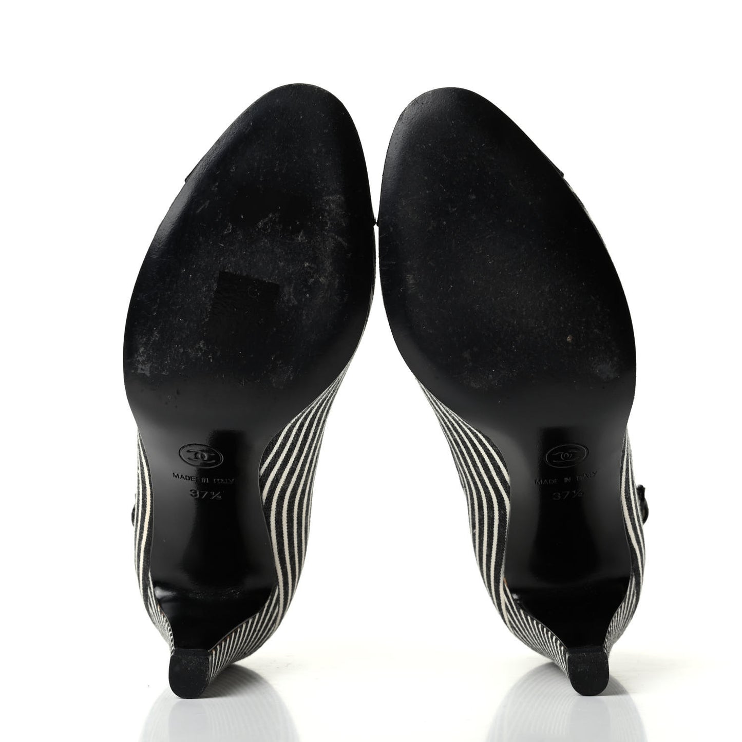 Fabric Striped Patent Cap Toe Ankle Strap Pumps 37.5 Black White