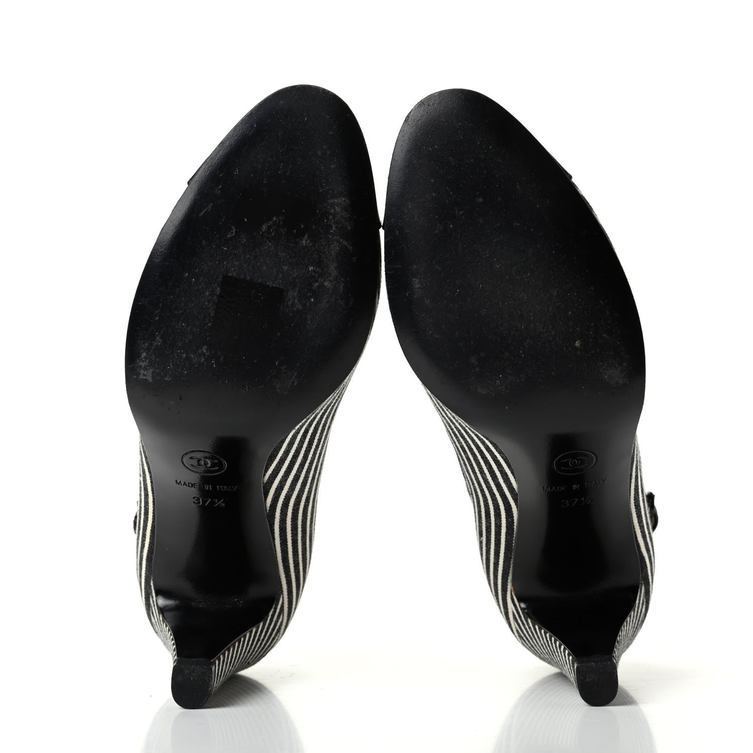 Chanel Fabric Striped Patent Cap Toe Ankle Strap Pumps 37.5 Black White 6 of 11