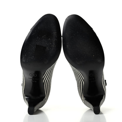 Chanel Fabric Striped Patent Cap Toe Ankle Strap Pumps 37.5 Black White 6 of 11