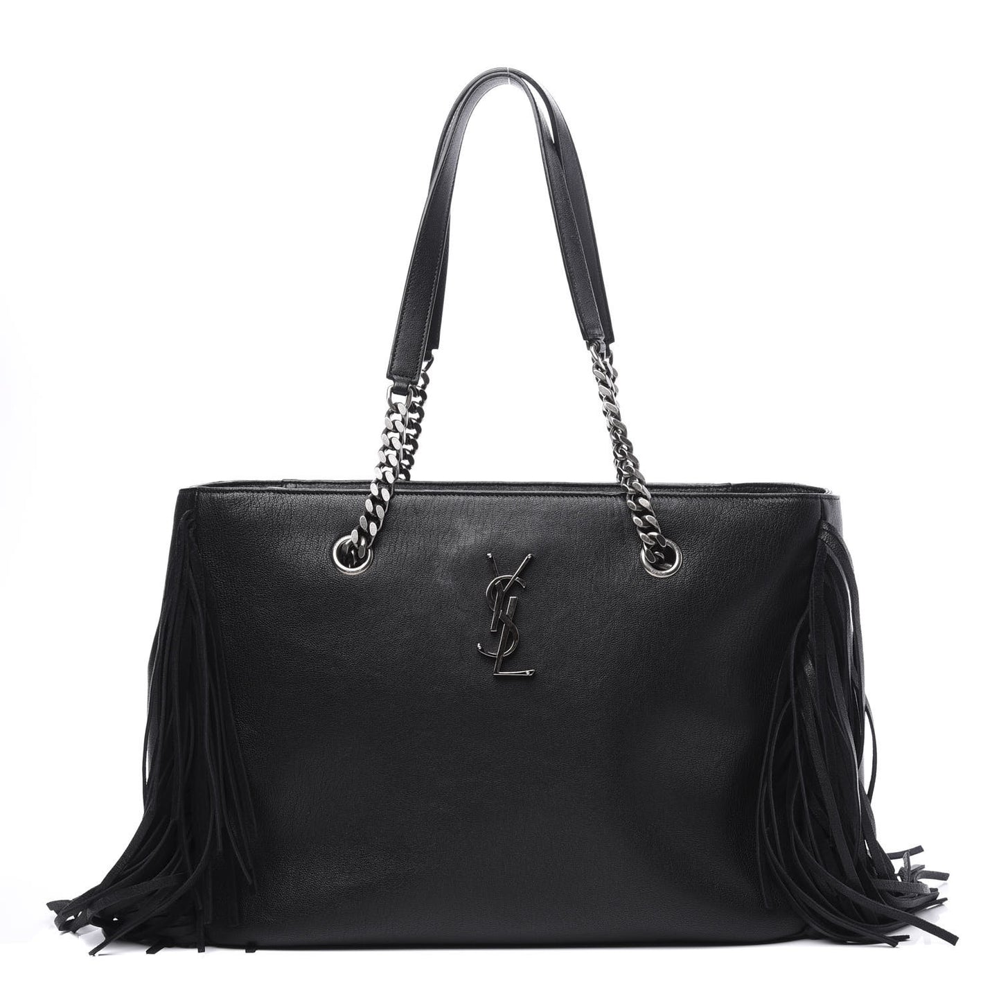 Calfskin Fringe Monogram Shopping Tote Black
