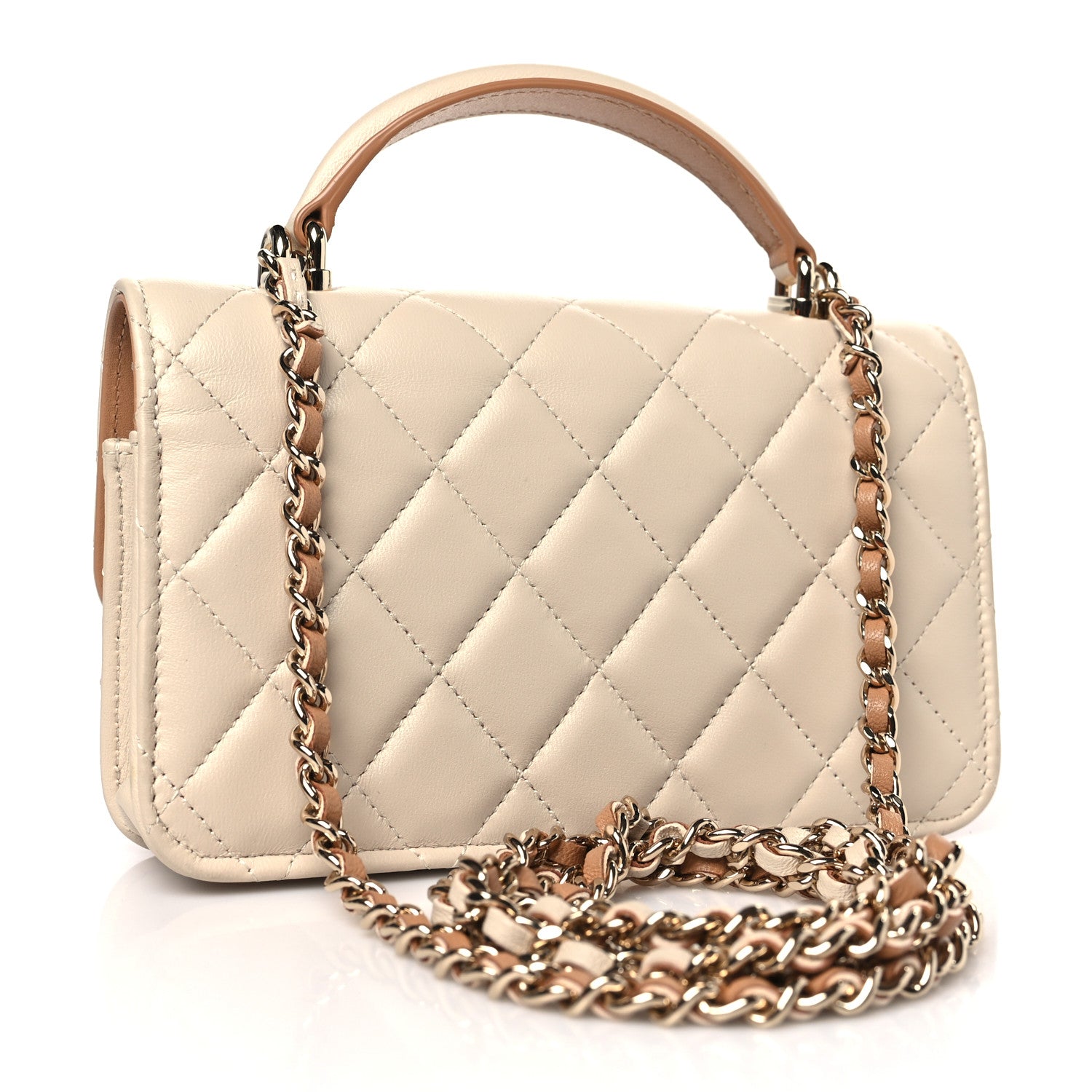 Chanel Lambskin Quilted Flap Phone Holder With Chain Beige Brown 3 of 10