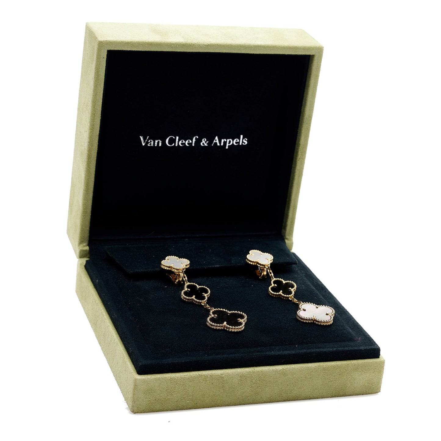 18K Yellow Gold Mother of Pearl Black Onyx 3 Motifs Magic Alhambra Earrings