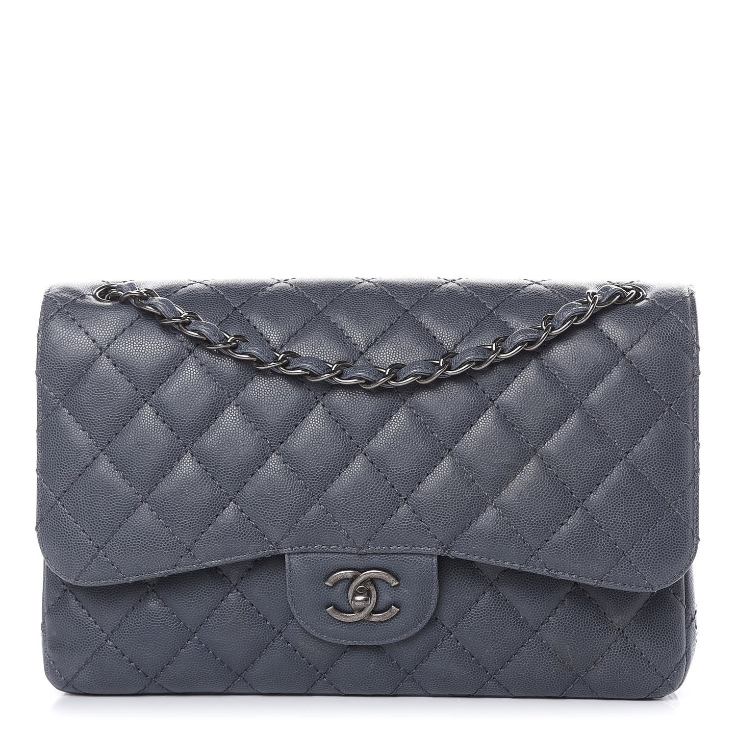 Caviar Quilted Jumbo Double Flap Dark Grey