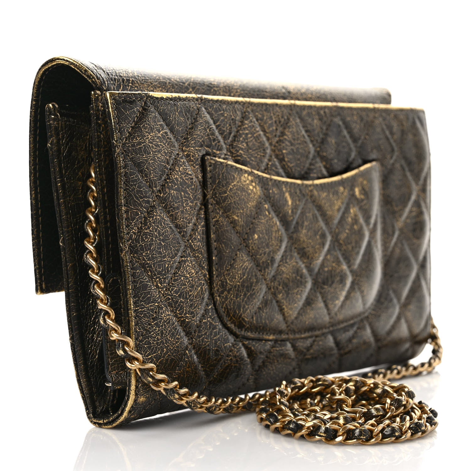 Chanel Cracked Metallic Calfskin Quilted Zip Away Chain Clutch Gold 3 of 10